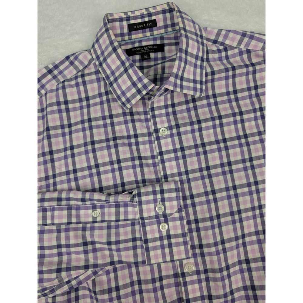 Banana Republic Grant Fit Shirt‎ Men's M (15-15.5) Non-Iron Purple Plaid LS